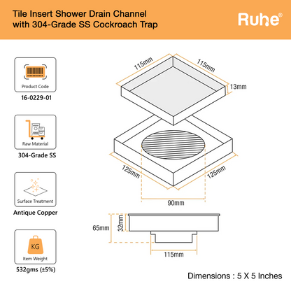 Tile-Insert Shower Drain Channel (5 x 5 Inches)