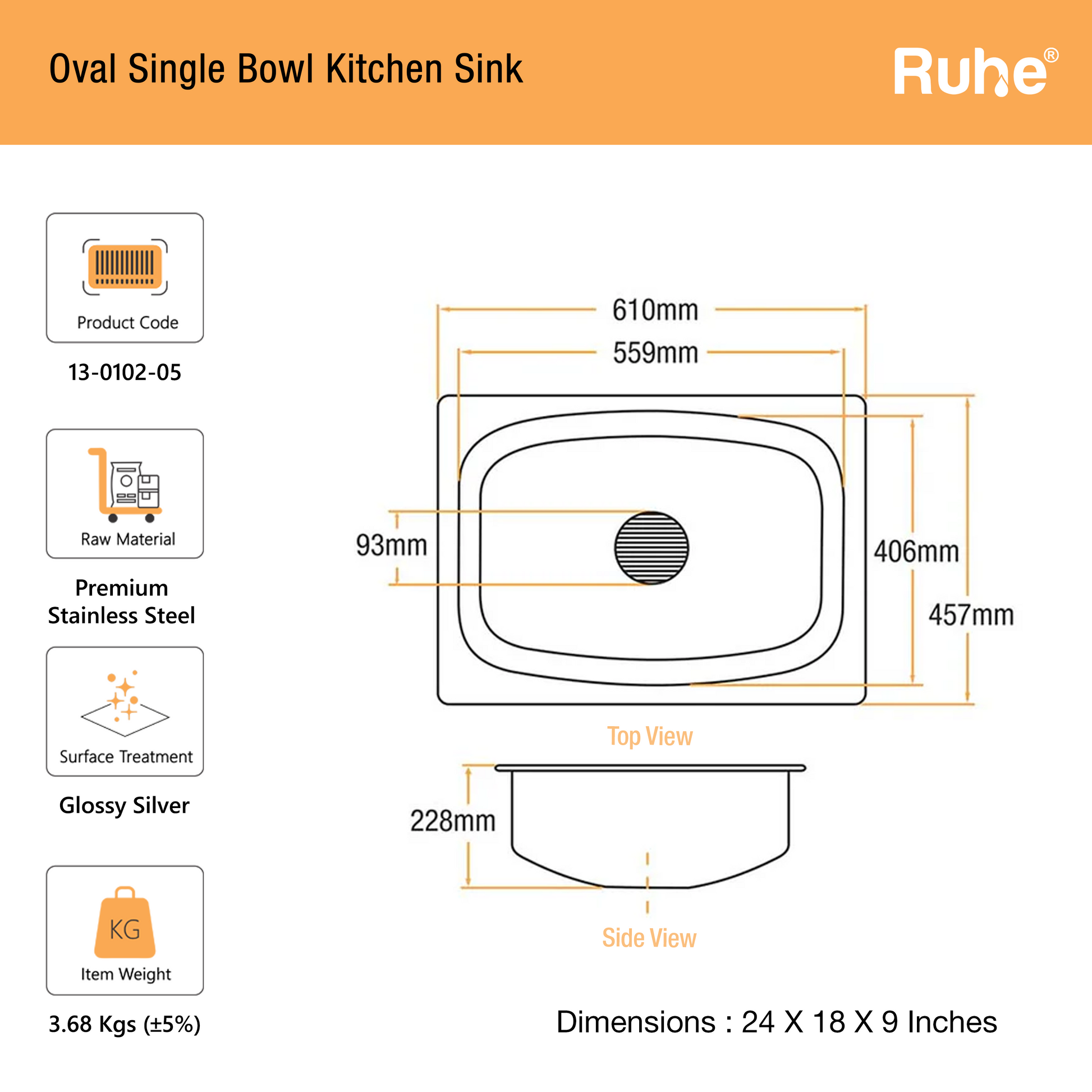 Oval Single Bowl Kitchen Sink (24 x 18 x 9 Inches)Dimension