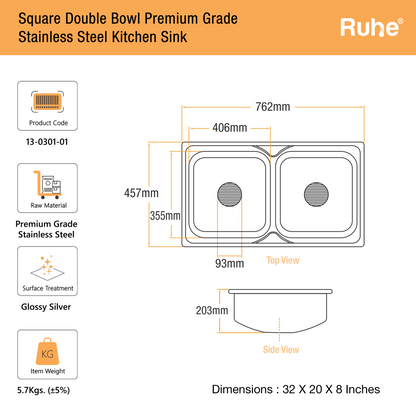 Double Bowl Kitchen Sink (32 x 20 x 8 Inches)(Dimensions)