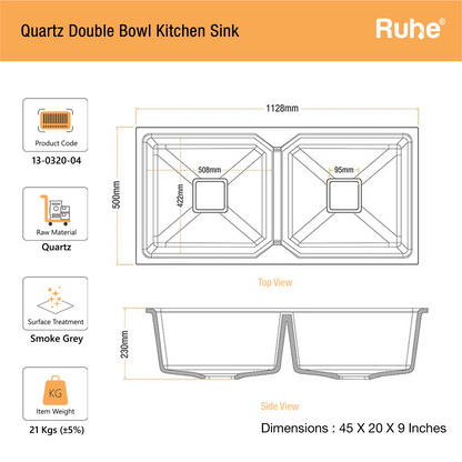 Quartz Double Bowl Black Kitchen Sink (45 x 20 x 9 inches)