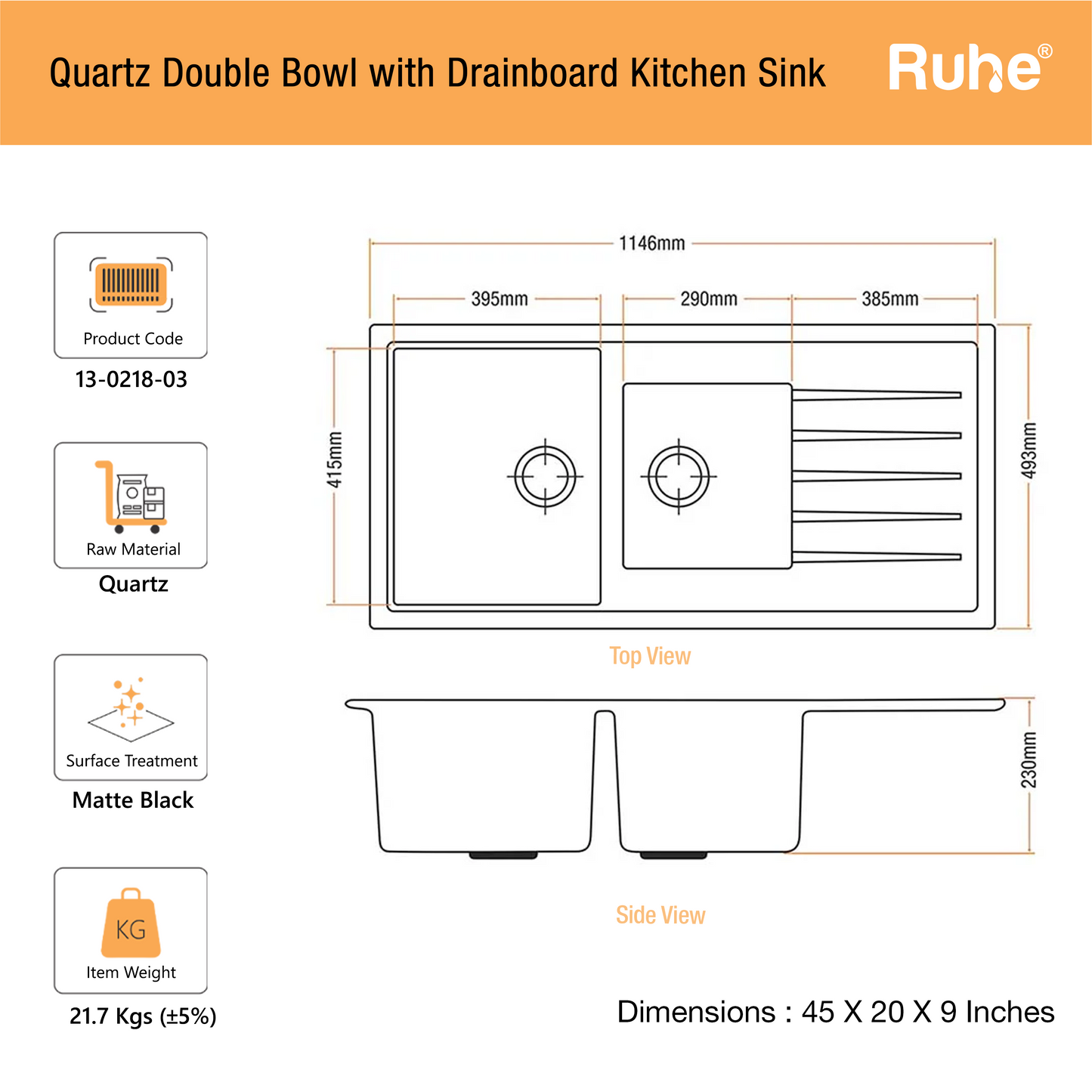 Quartz Double Bowl with Drainboard Kitchen Sink (45 x 20 x 9 inches)