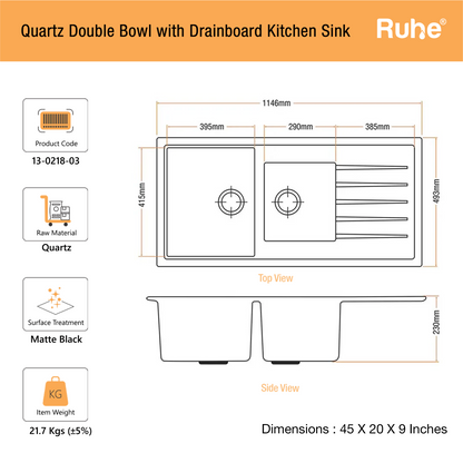 Quartz Double Bowl with Drainboard Kitchen Sink (45 x 20 x 9 inches)