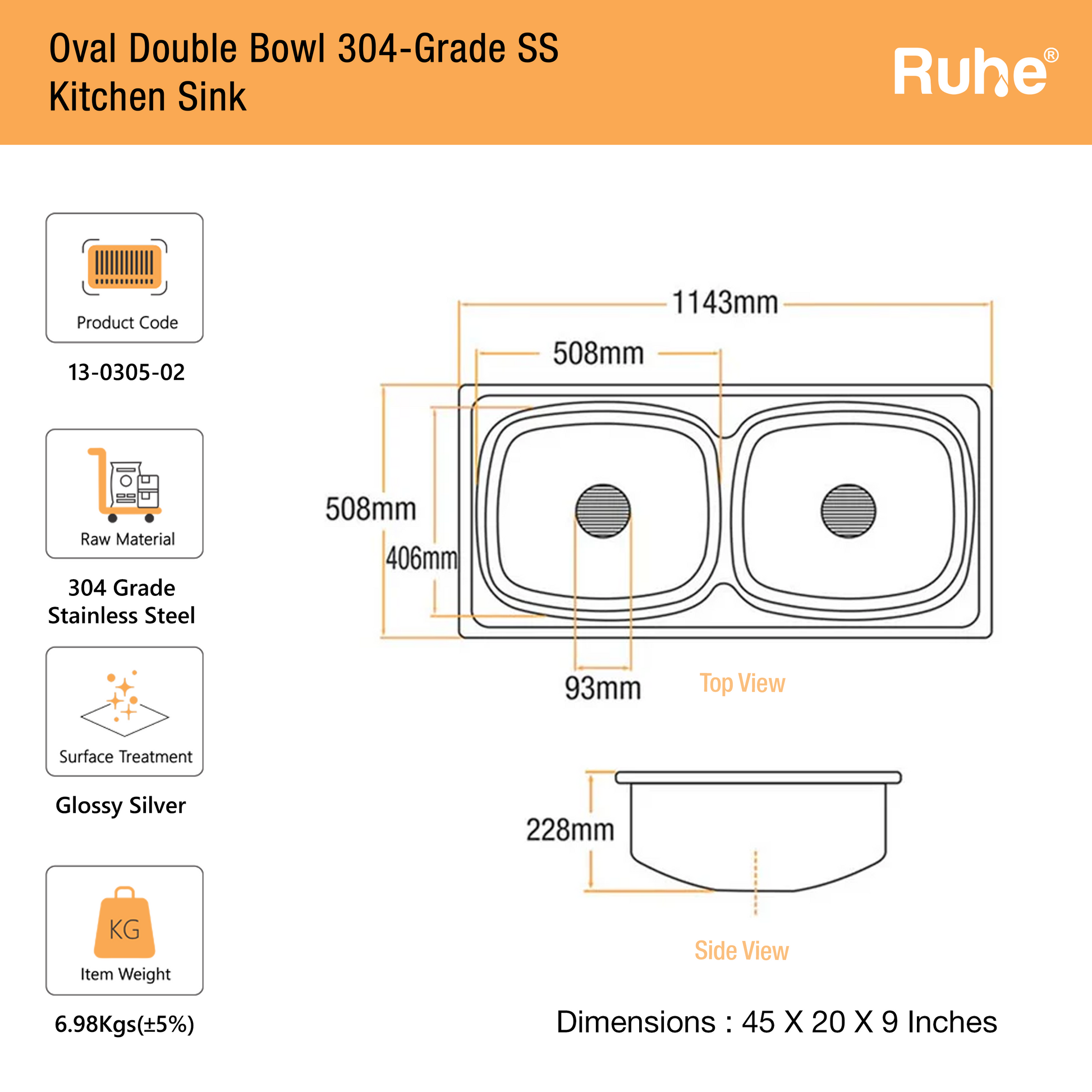 Double Bowl Kitchen Sink (45 x 20 x 9 Inches), (Dimensions)