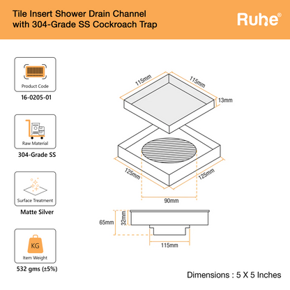 Tile-Insert Shower Drain Channel (5 x 5 Inches)