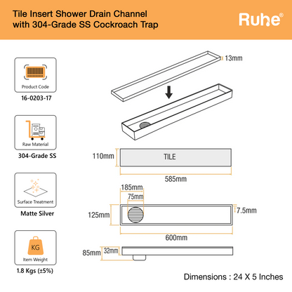 Tile-Insert Shower Drain Channel (5 Inches)