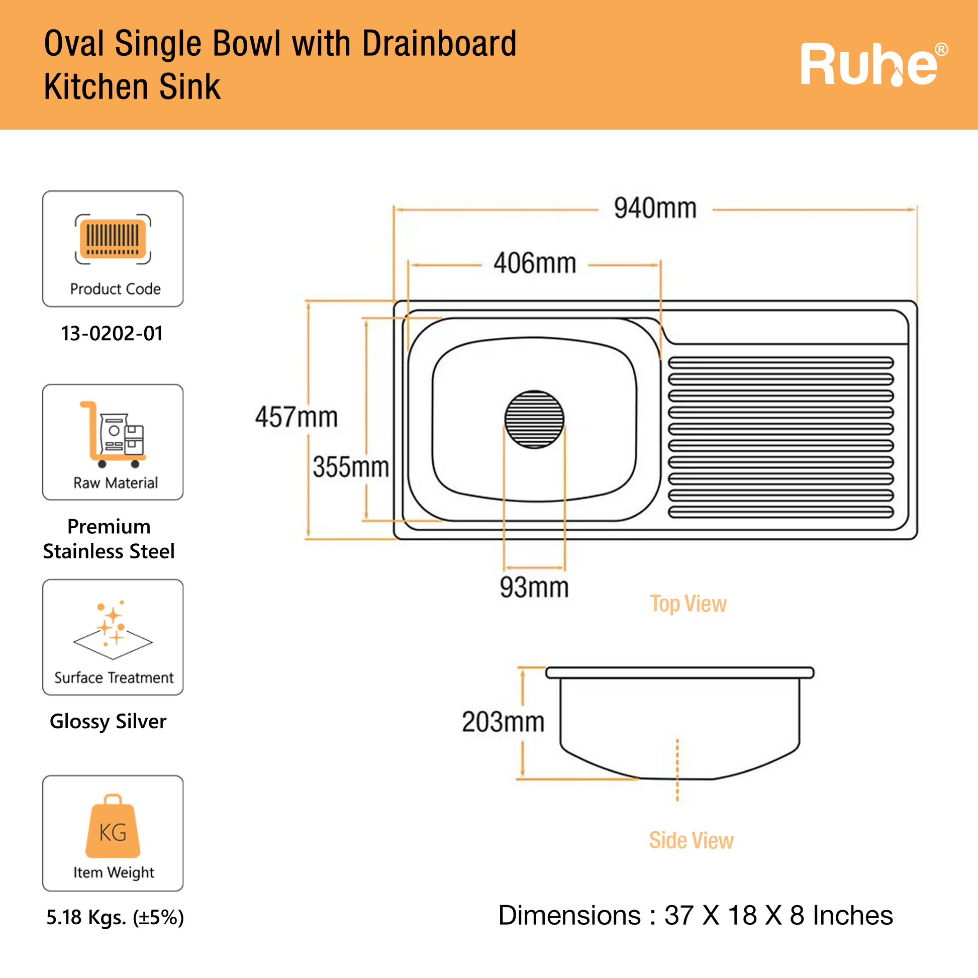 Oval Single Bowl Kitchen Sink (21 x 18 x 8 Inches)(Dimensions)