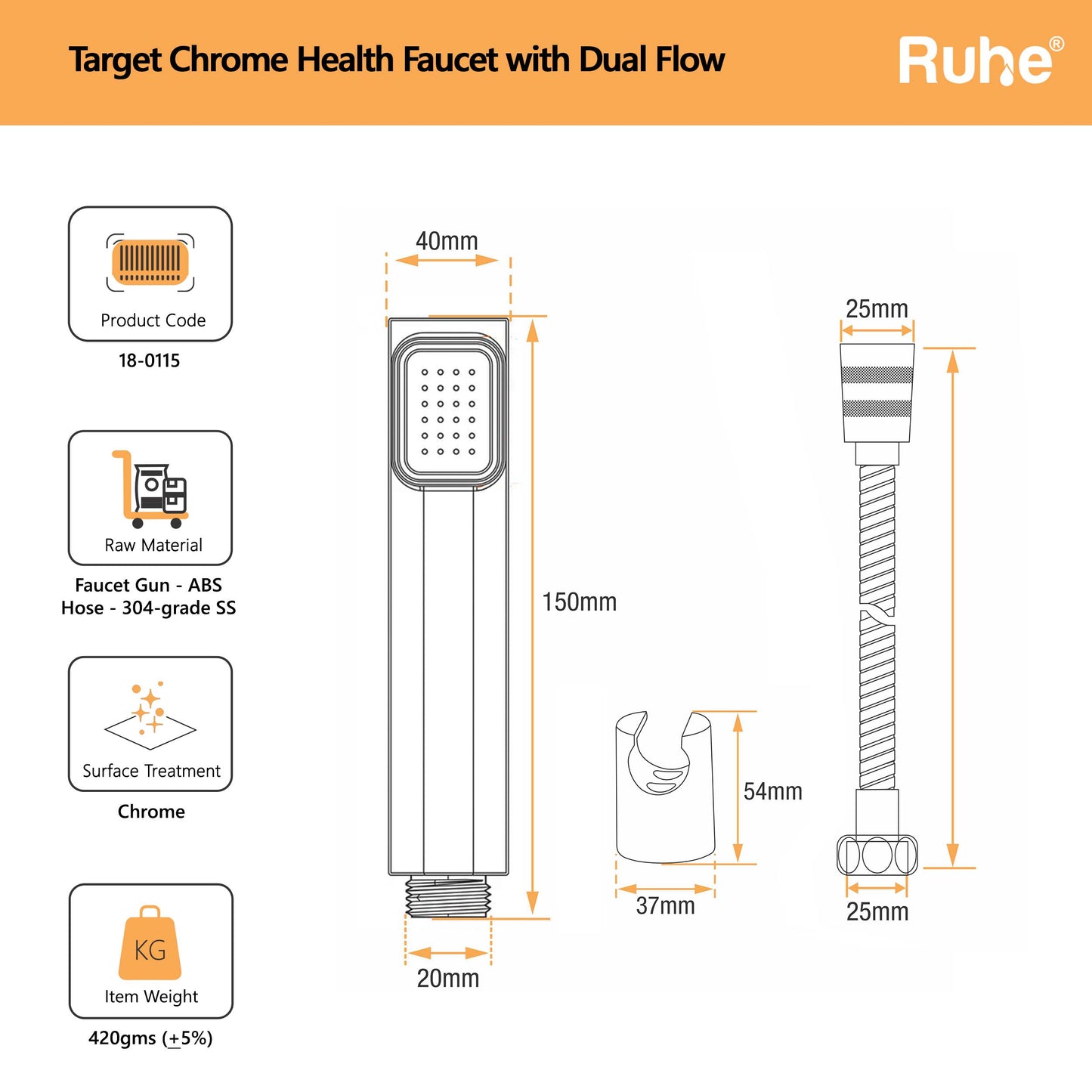 Target Health Faucet with Dual Flow and 1 Meter 304-Grade SS Hose & Hook