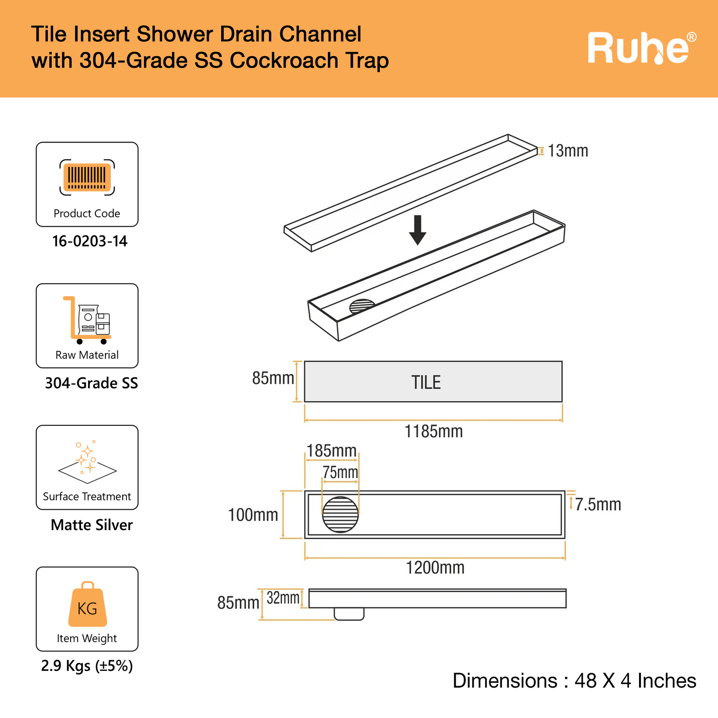 Tile-Insert Shower Drain Channel (4 Inches)