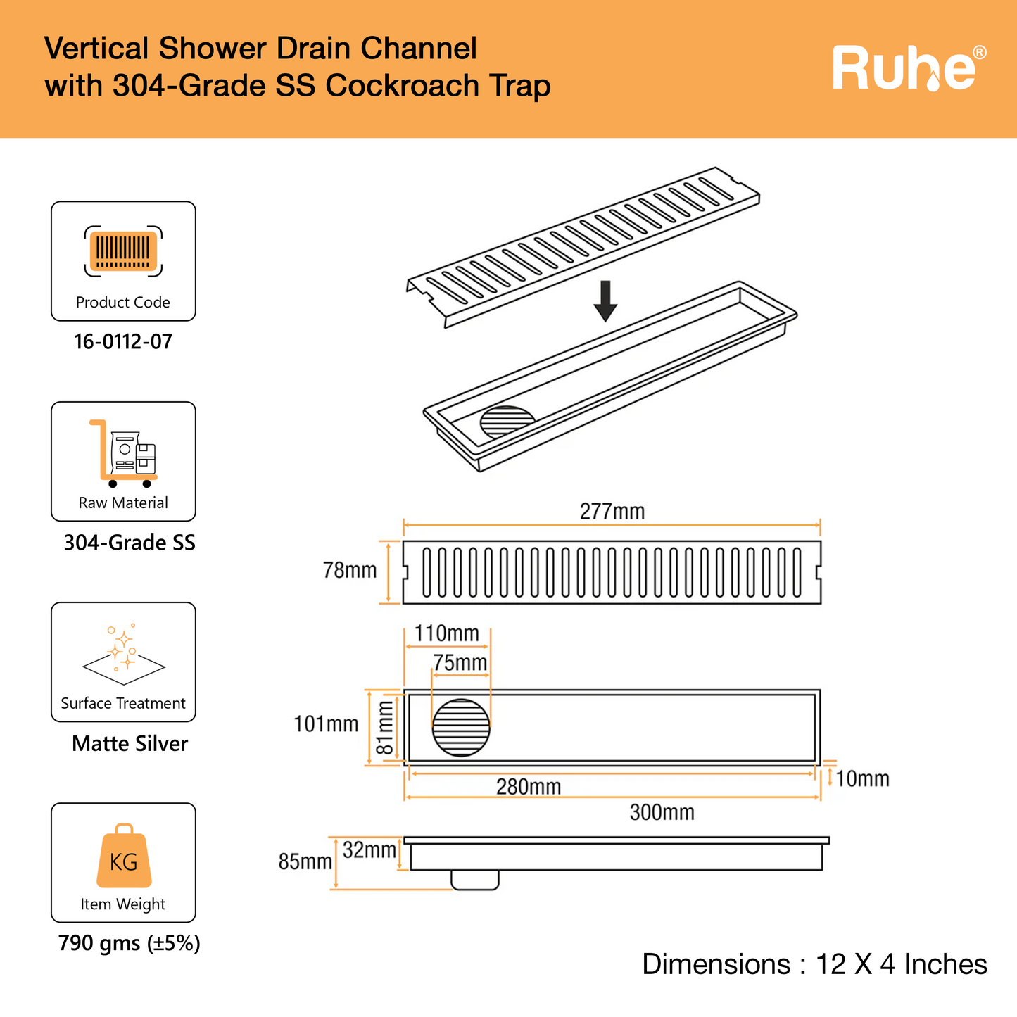 Vertical Shower Drain Channel (4 Inches)
