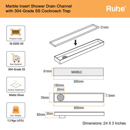 Marble-Insert Shower Drain Channel (3 Inches)