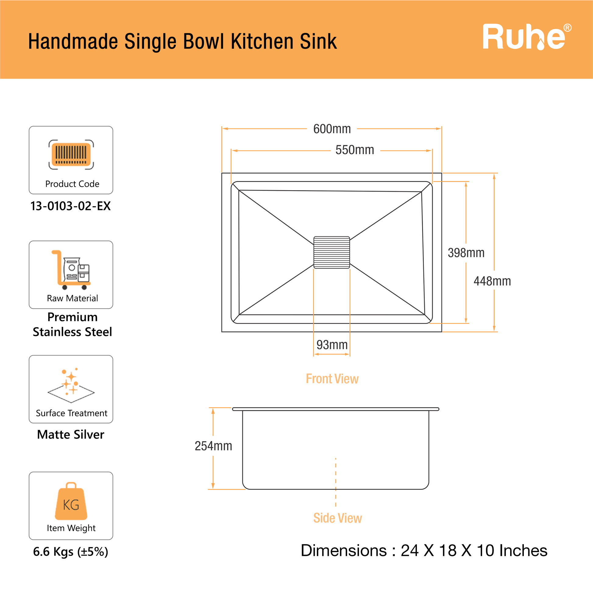 Handmade Single Bowl Kitchen Sink (24 x 18 x 10 Inches)(Dimensions)