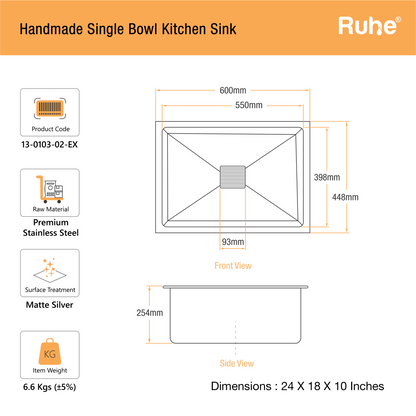 Handmade Single Bowl Kitchen Sink (24 x 18 x 10 Inches)(Dimensions)