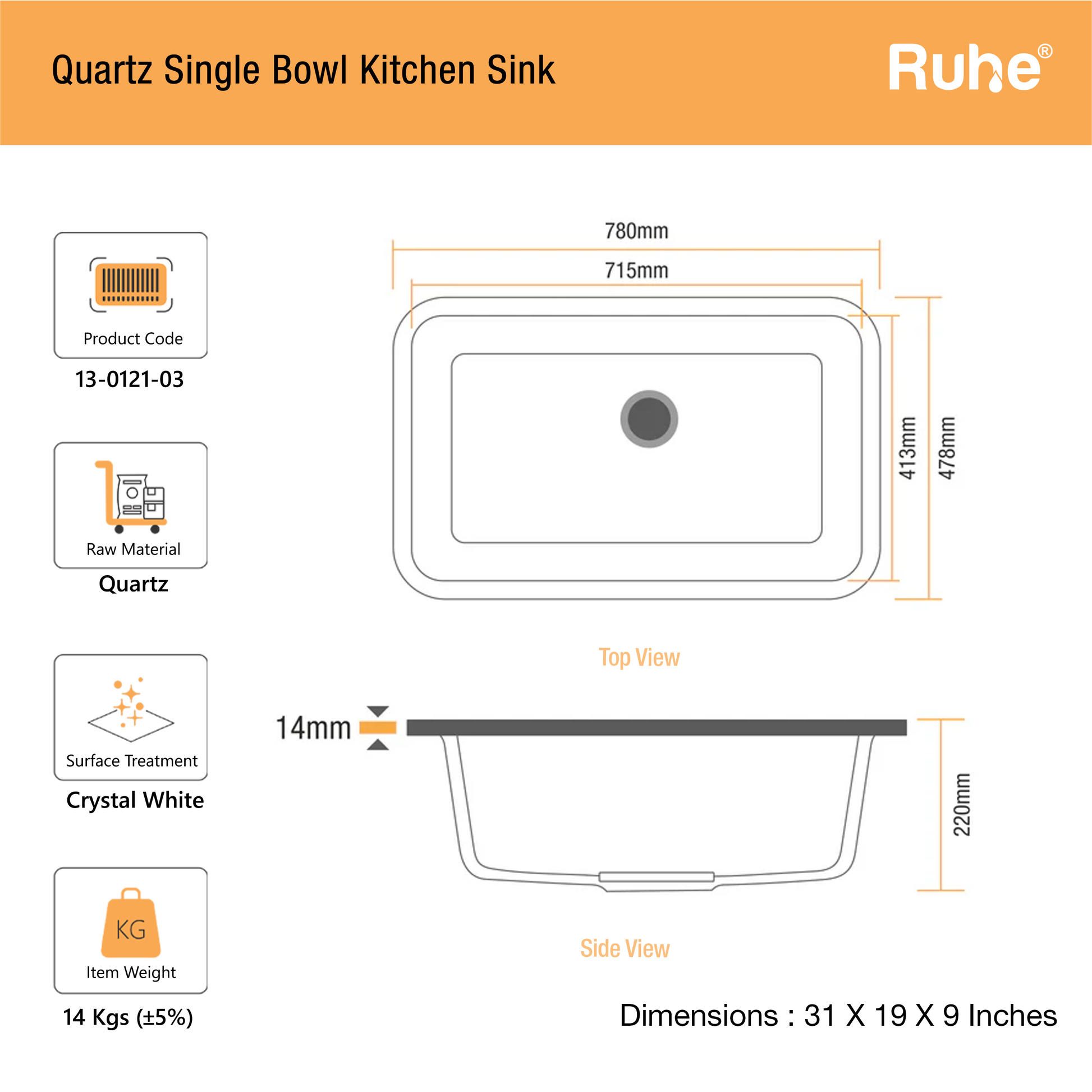 Crystal White Quartz Single Bowl Kitchen Sink (31 x 19 x 9 Inches) (Dimensions)