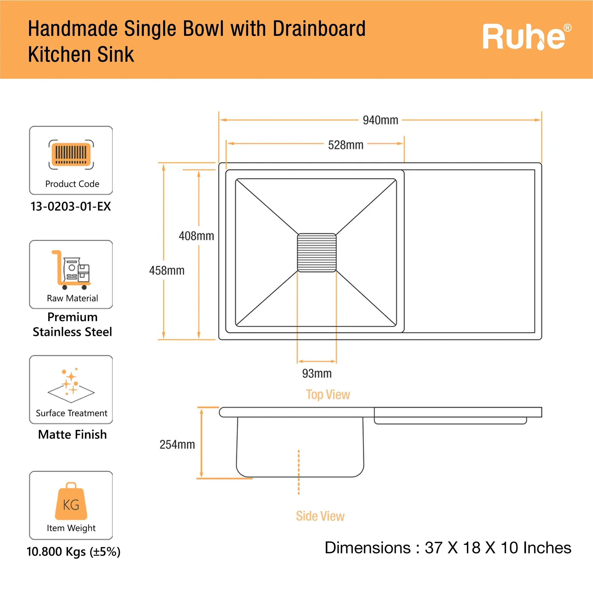 Handmade Single Bowl with Drainboard Kitchen Sink (37 x 18 x 10 Inches) (Dimensions)