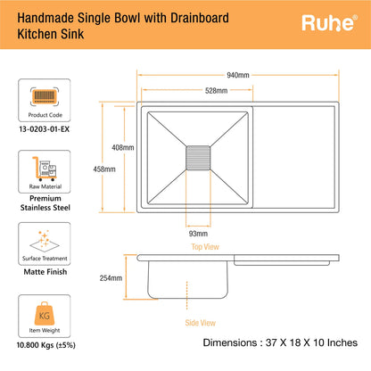 Handmade Single Bowl with Drainboard Kitchen Sink (37 x 18 x 10 Inches) (Dimensions)