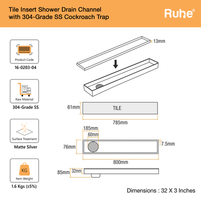 Tile-Insert Shower Drain Channel (3 Inches)
