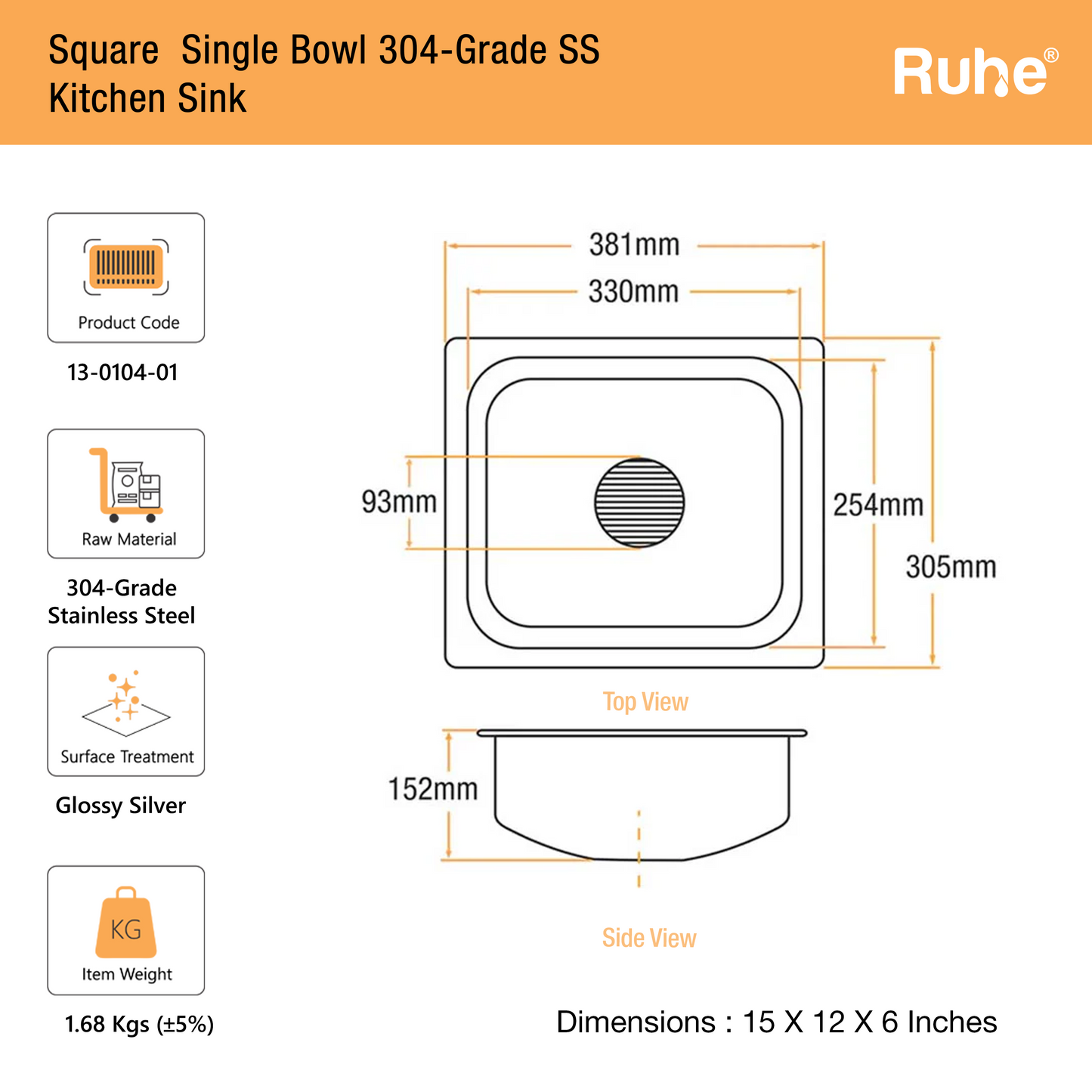 Single Bowl Kitchen Sink (15 x 12 x 6 Inches) (Dimension)