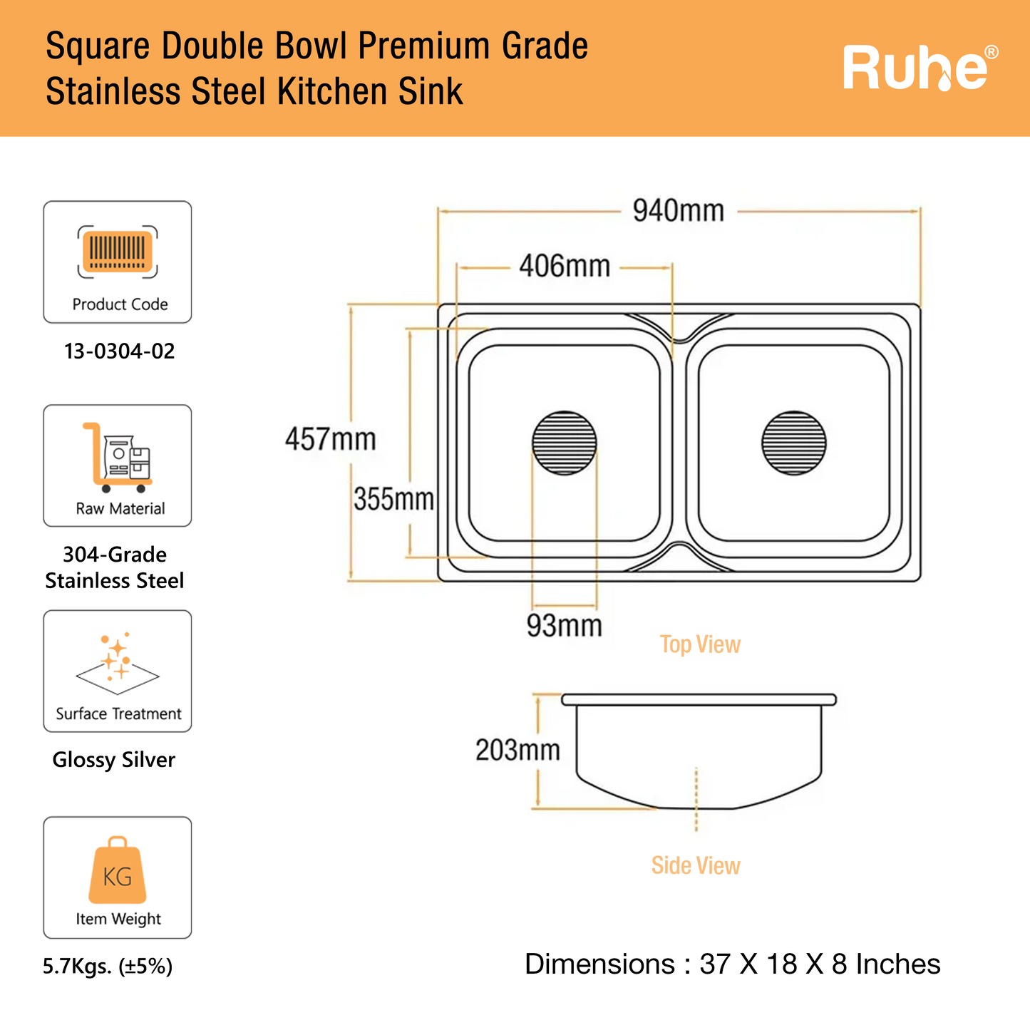 Double Bowl Kitchen Sink (37 x 18 x 8 Inches)(Dimension)