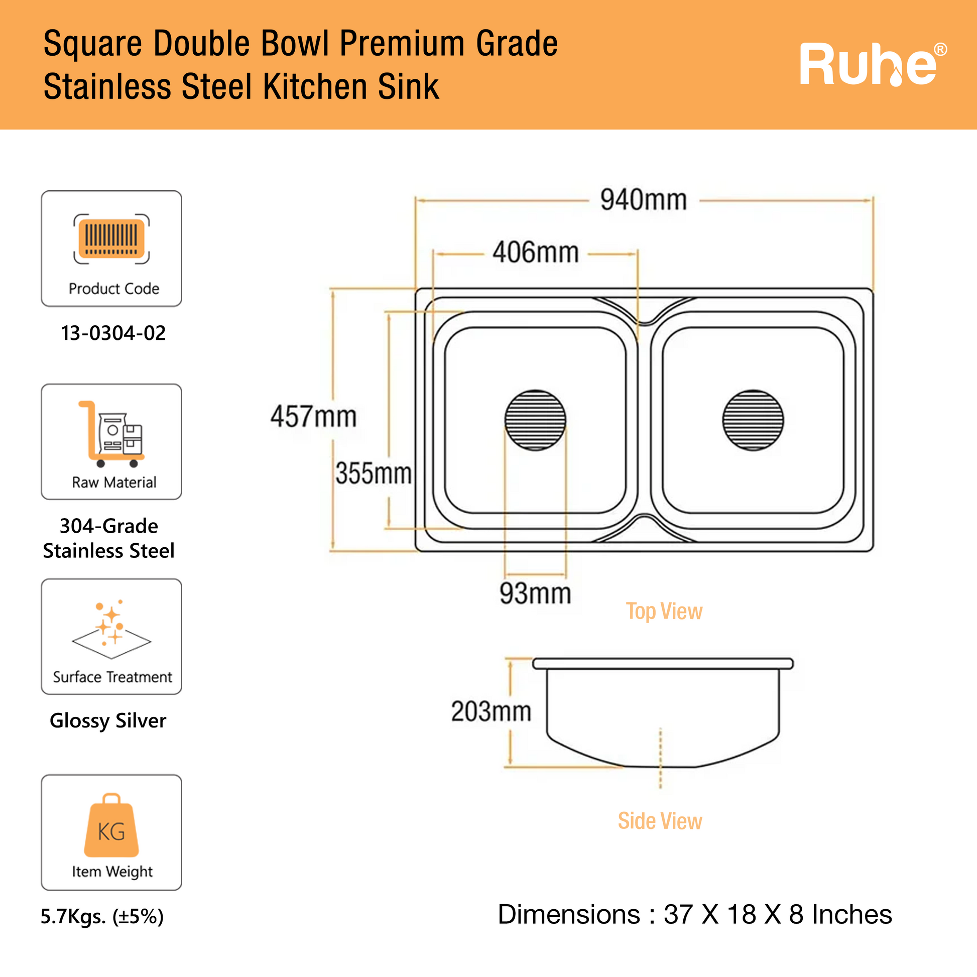 Double Bowl Kitchen Sink (37 x 18 x 8 Inches)(Dimension)