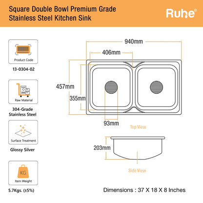 Double Bowl Kitchen Sink (37 x 18 x 8 Inches)(Dimension)