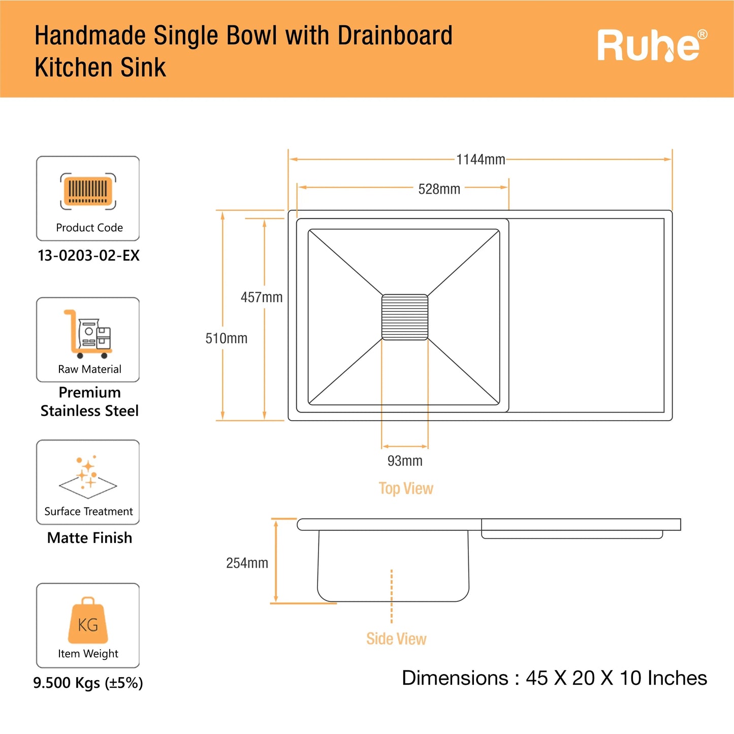 Handmade Single Bowl with Drainboard Kitchen Sink (45 x 20 x 10 Inches) (Dimensions)