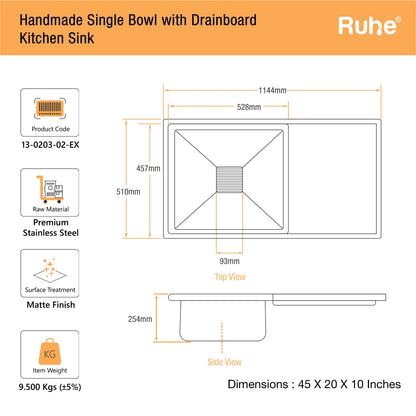 Handmade Single Bowl with Drainboard Kitchen Sink (45 x 20 x 10 Inches) (Dimensions)