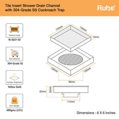 Tile-Insert Shower Drain Channel (6 x 6 Inches)