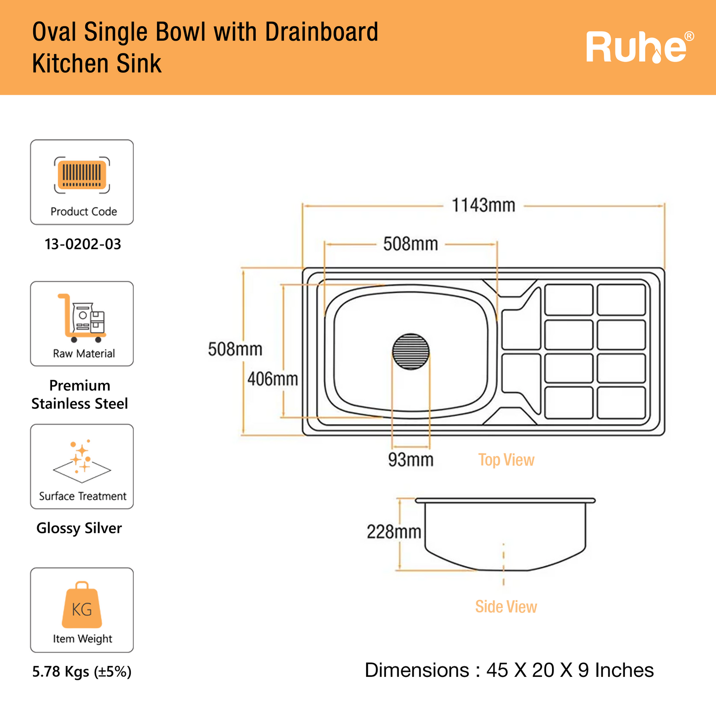 Oval Single Bowl with Drainboard Kitchen Sink (45 x 20 x 9 Inches)