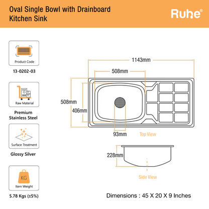 Oval Single Bowl with Drainboard Kitchen Sink (45 x 20 x 9 Inches)