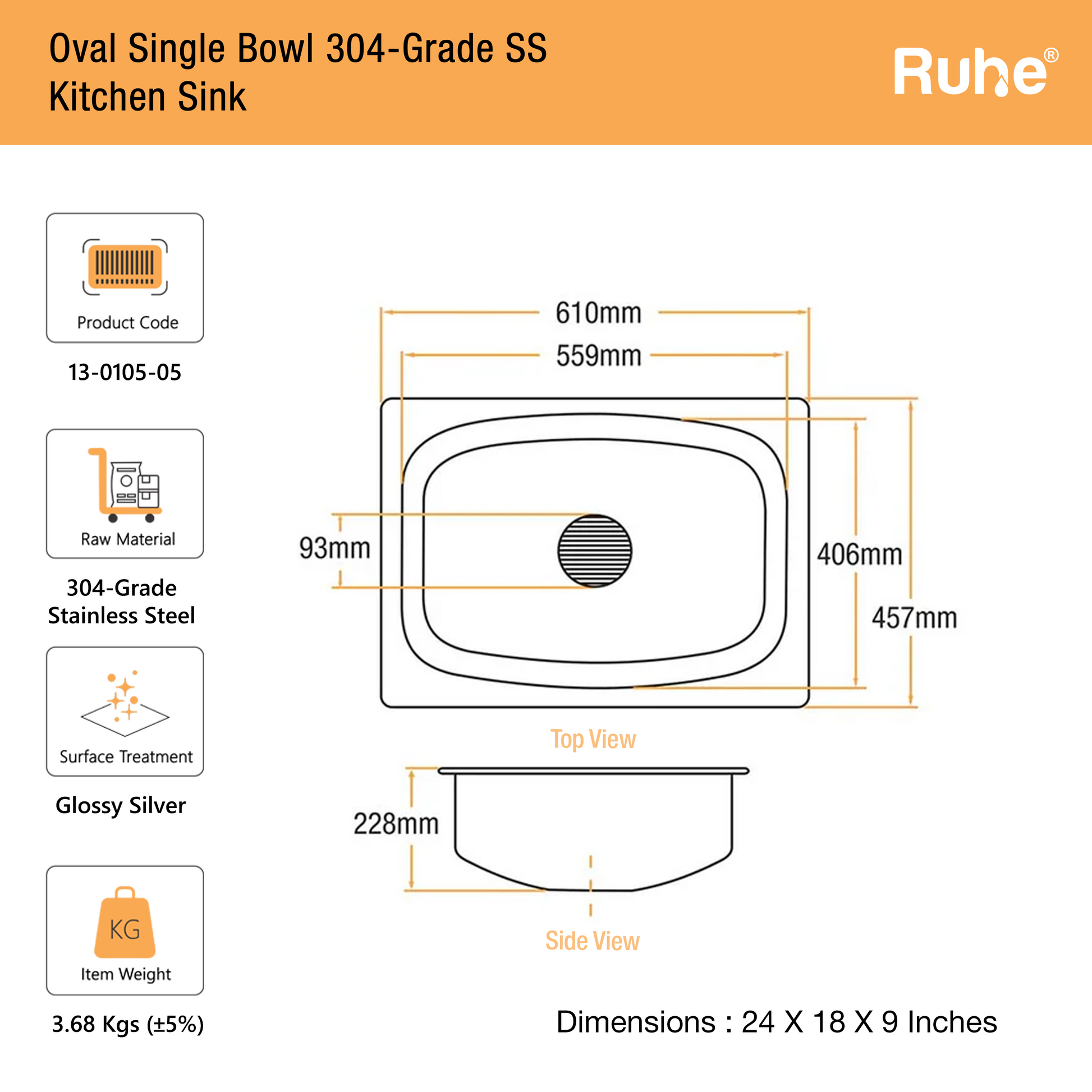 Oval Single Bowl Kitchen Sink (24 x 18 x 9 Inches)(Dimension)