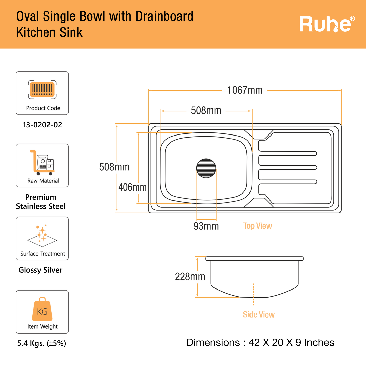 Oval Single Bowl with Drainboard Kitchen Sink (42 x 20 x 9 Inches)(Dimensions)