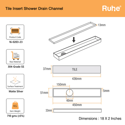 Tile-Insert Shower Drain Channel (2 Inches)