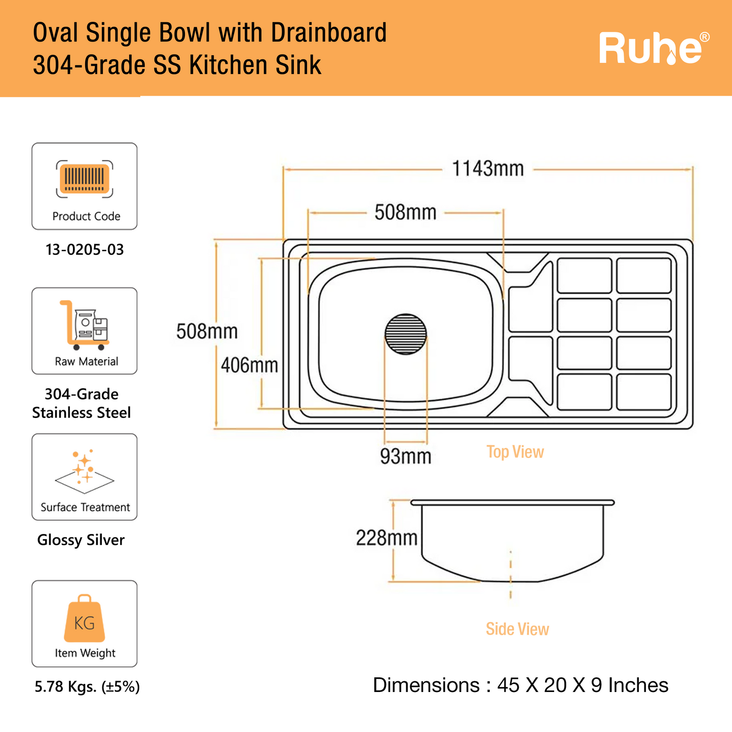 Oval Single Bowl with Drainboard Kitchen Sink (45 x 20 x 9 Inches)