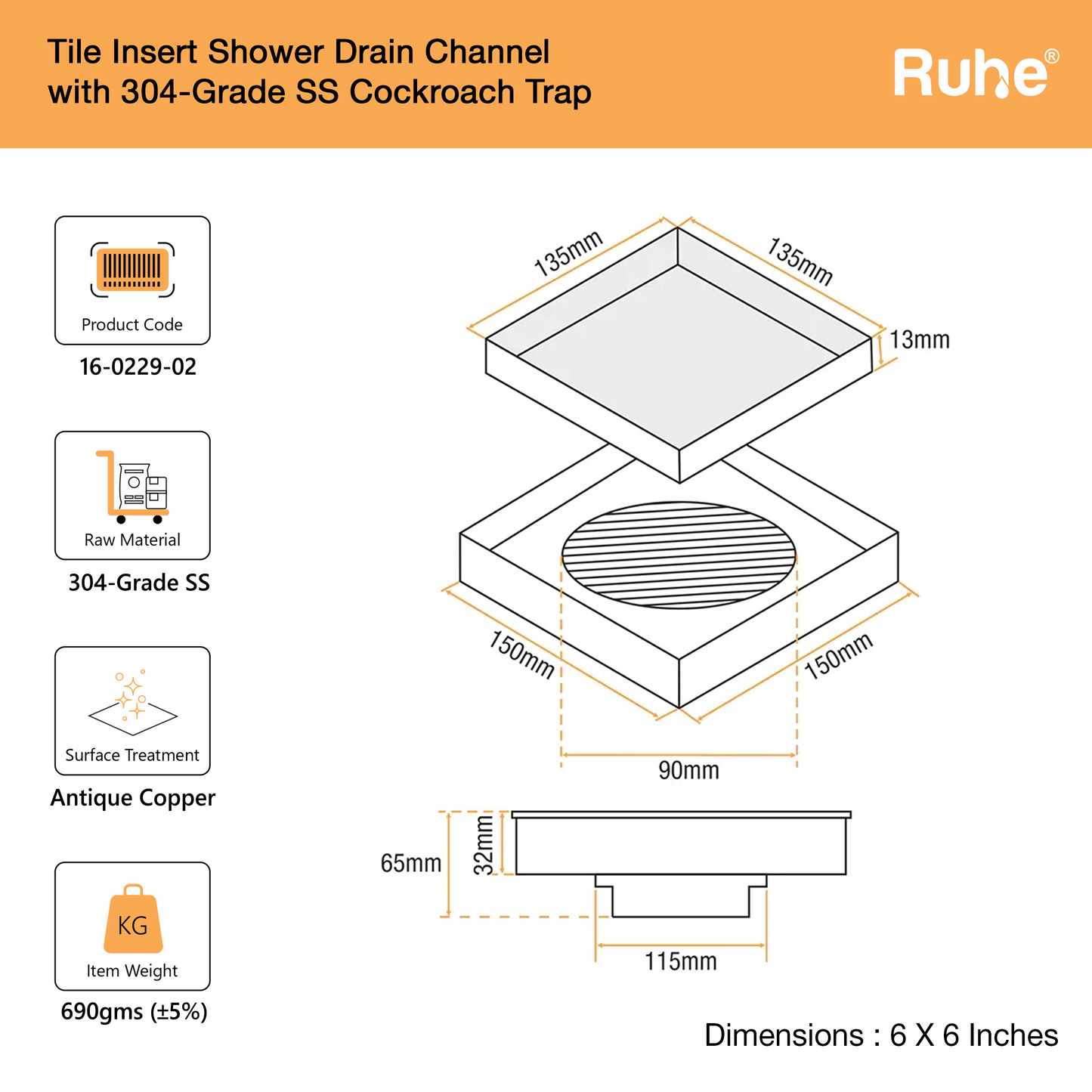 Tile-Insert Shower Drain Channel (6 x 6 Inches)