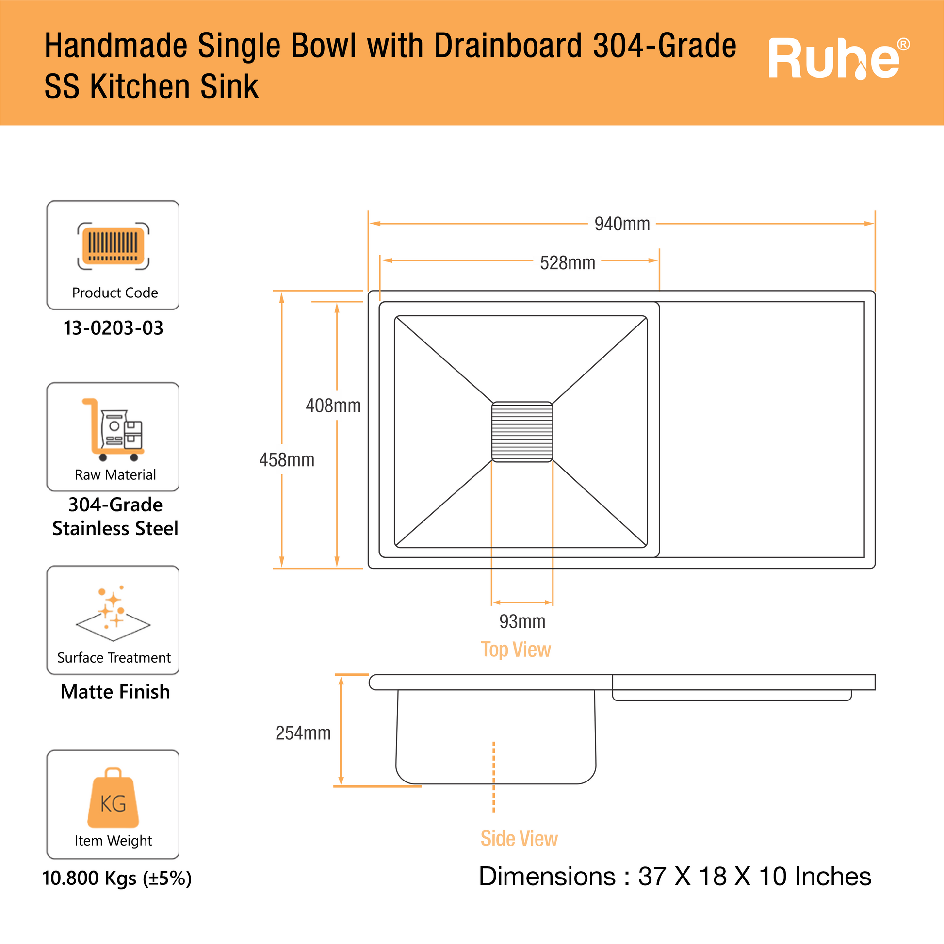 Handmade Single Bowl with Drainboard Kitchen Sink (37 x 18 x 10 Inches) (Dimensions)