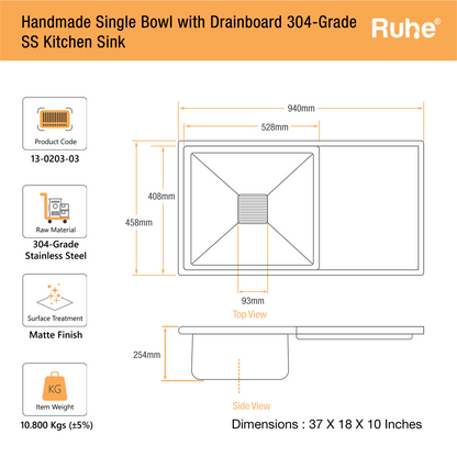 Handmade Single Bowl with Drainboard Kitchen Sink (37 x 18 x 10 Inches) (Dimensions)