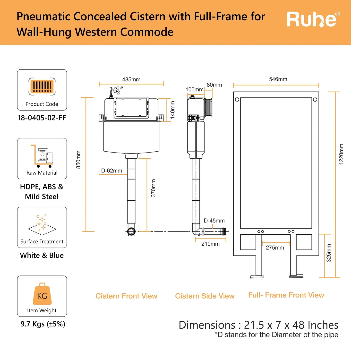 Pneumatic Concealed Cistern for Western Commode with Full Frame