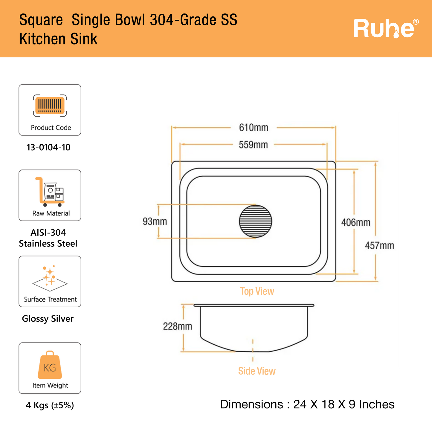 Single Bowl Kitchen Sink (24 x 18 x 9 Inches) (Dimension)