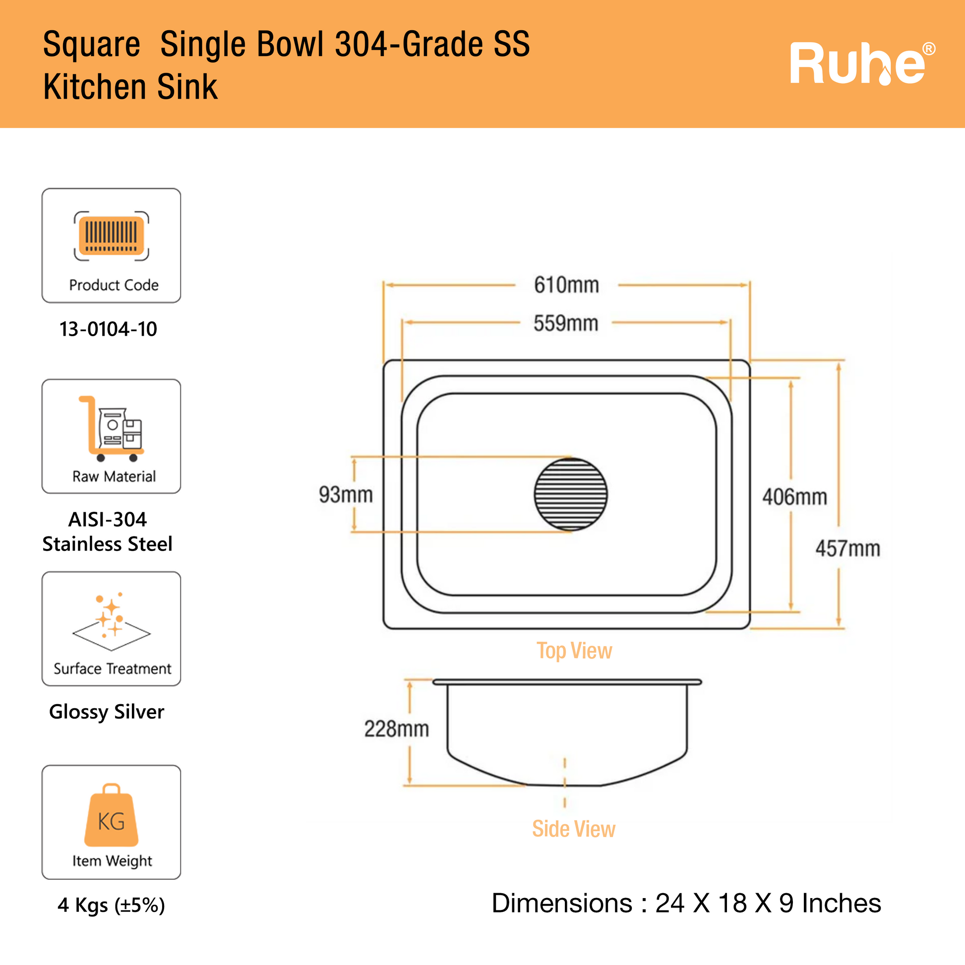 Single Bowl Kitchen Sink (24 x 18 x 9 Inches) (Dimension)
