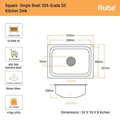 Single Bowl Kitchen Sink (24 x 18 x 9 Inches) (Dimension)