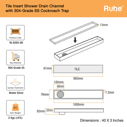 Tile-Insert Shower Drain Channel (3 Inches)