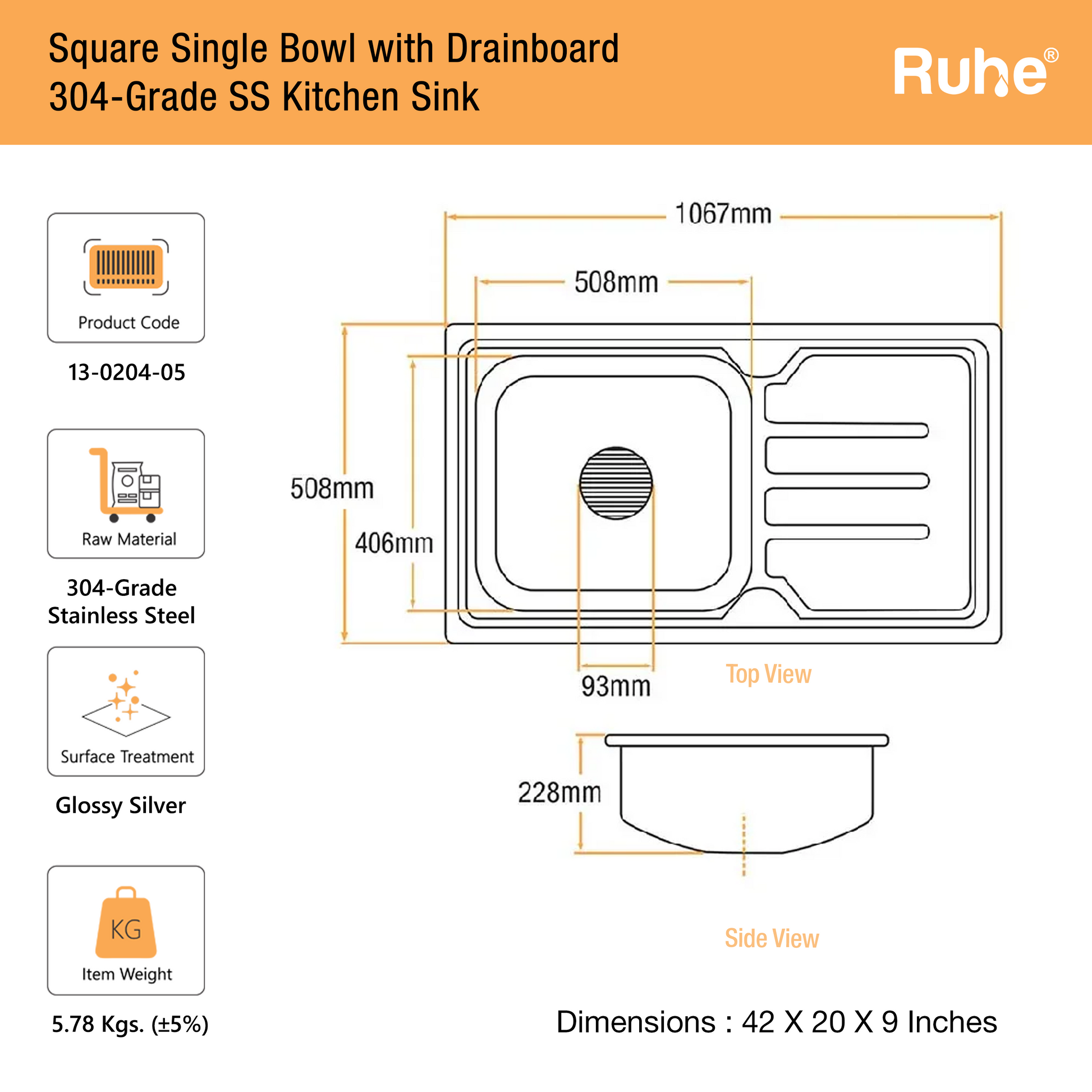 Single Bowl with Drainboard Kitchen Sink (42 x 20 x 9 Inches)(Dimension)