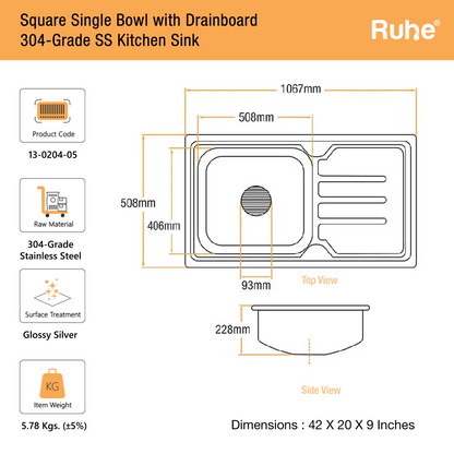 Single Bowl with Drainboard Kitchen Sink (42 x 20 x 9 Inches)(Dimension)