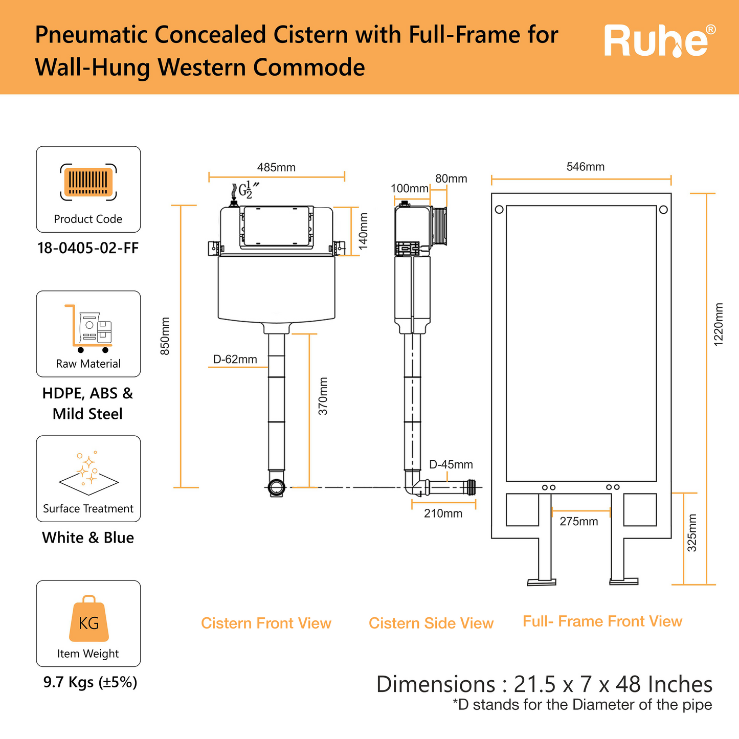 Pneumatic Concealed Cistern for Western Commode with Full Frame