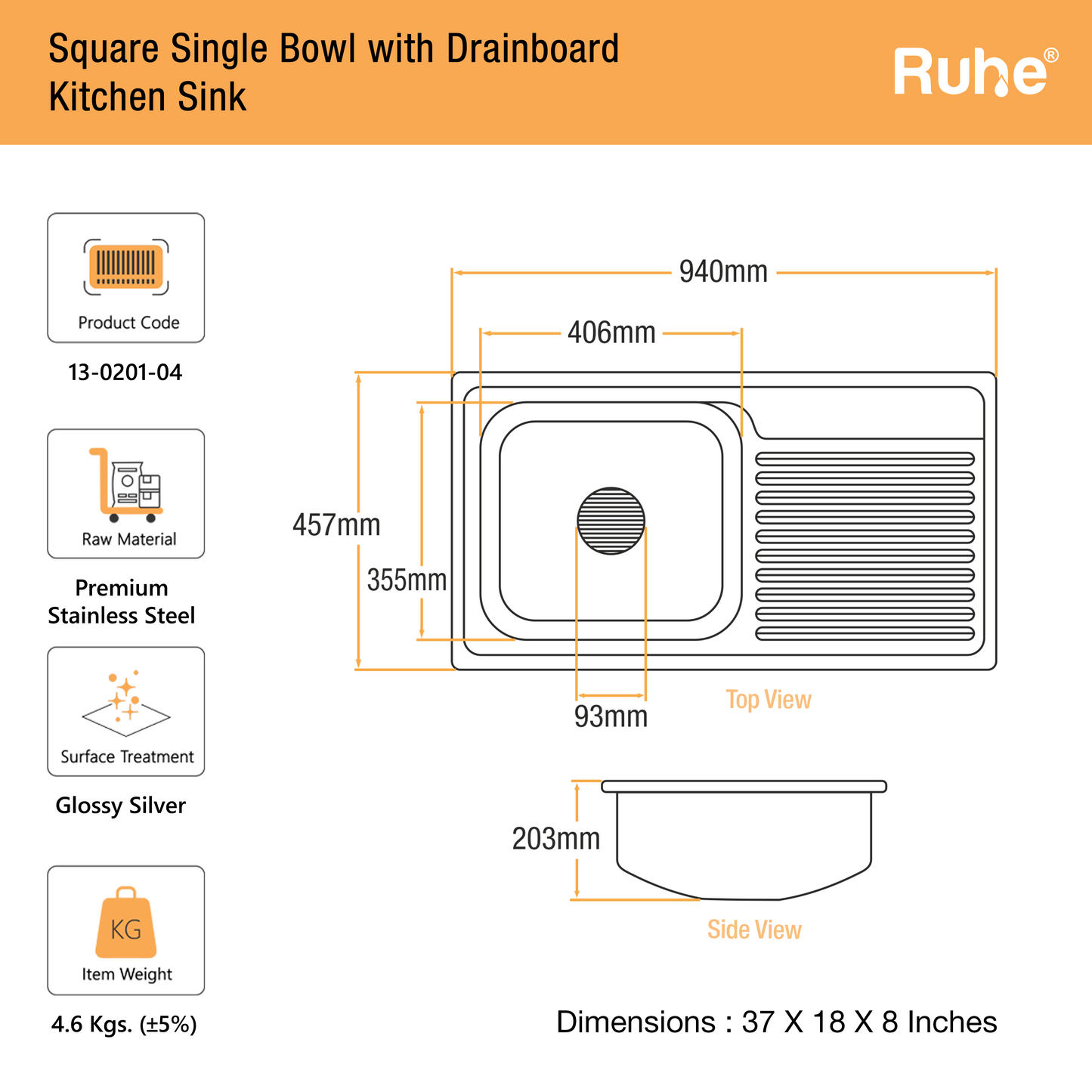 Single Bowl with Drainboard Kitchen Sink (37 x 18 x 8 Inches)(Dimensions)