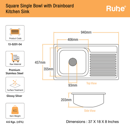 Single Bowl with Drainboard Kitchen Sink (37 x 18 x 8 Inches)(Dimensions)