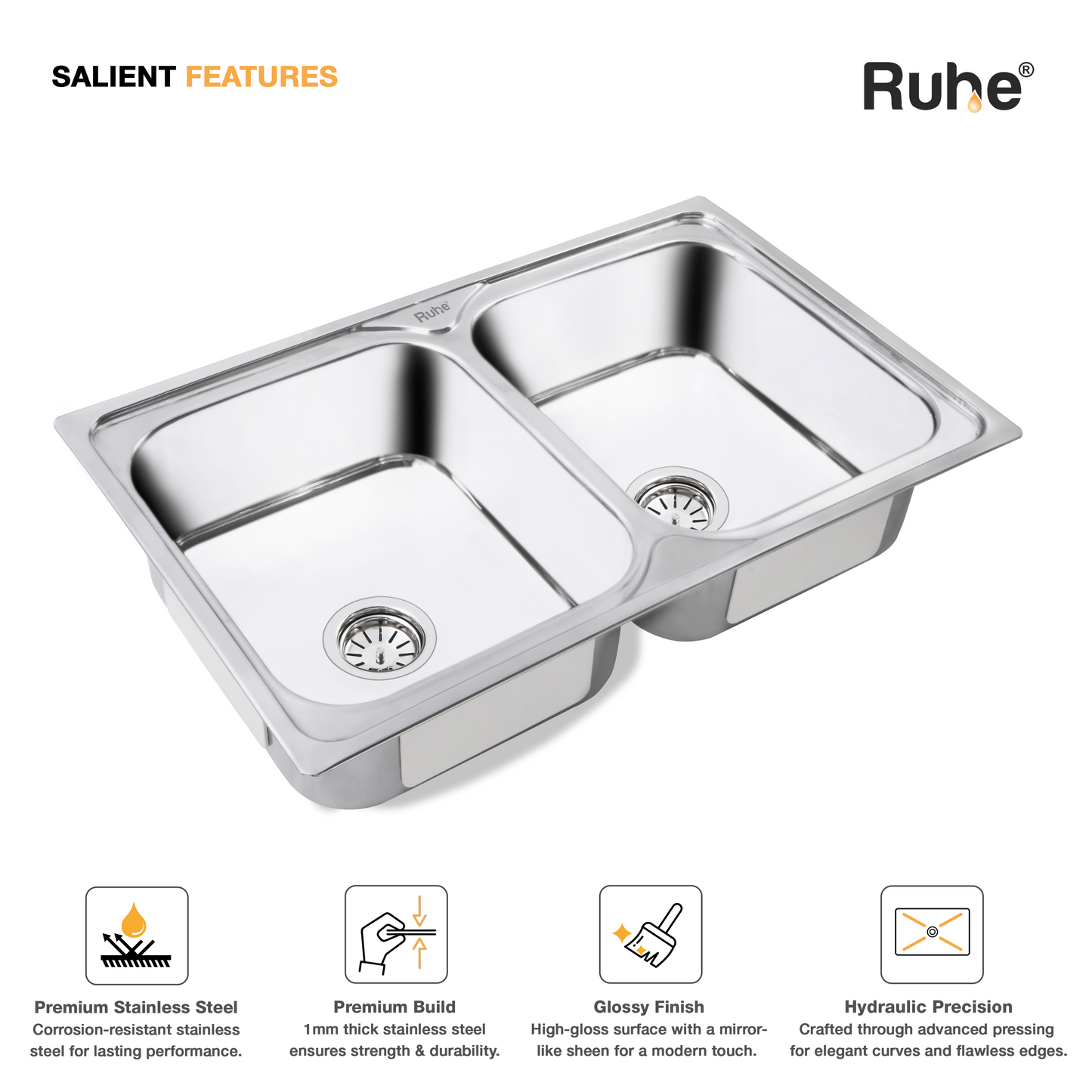 Double Bowl Kitchen Sink (32 x 20 x 8 Inches)(Salient Features)