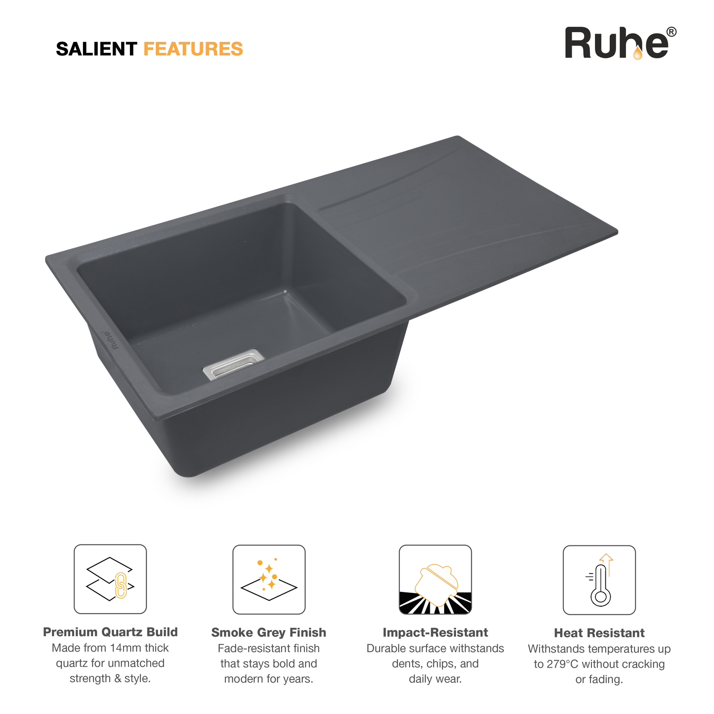 Quartz Single Bowl with Drainboard Kitchen Sink (36 x 18 x 9 Inches)