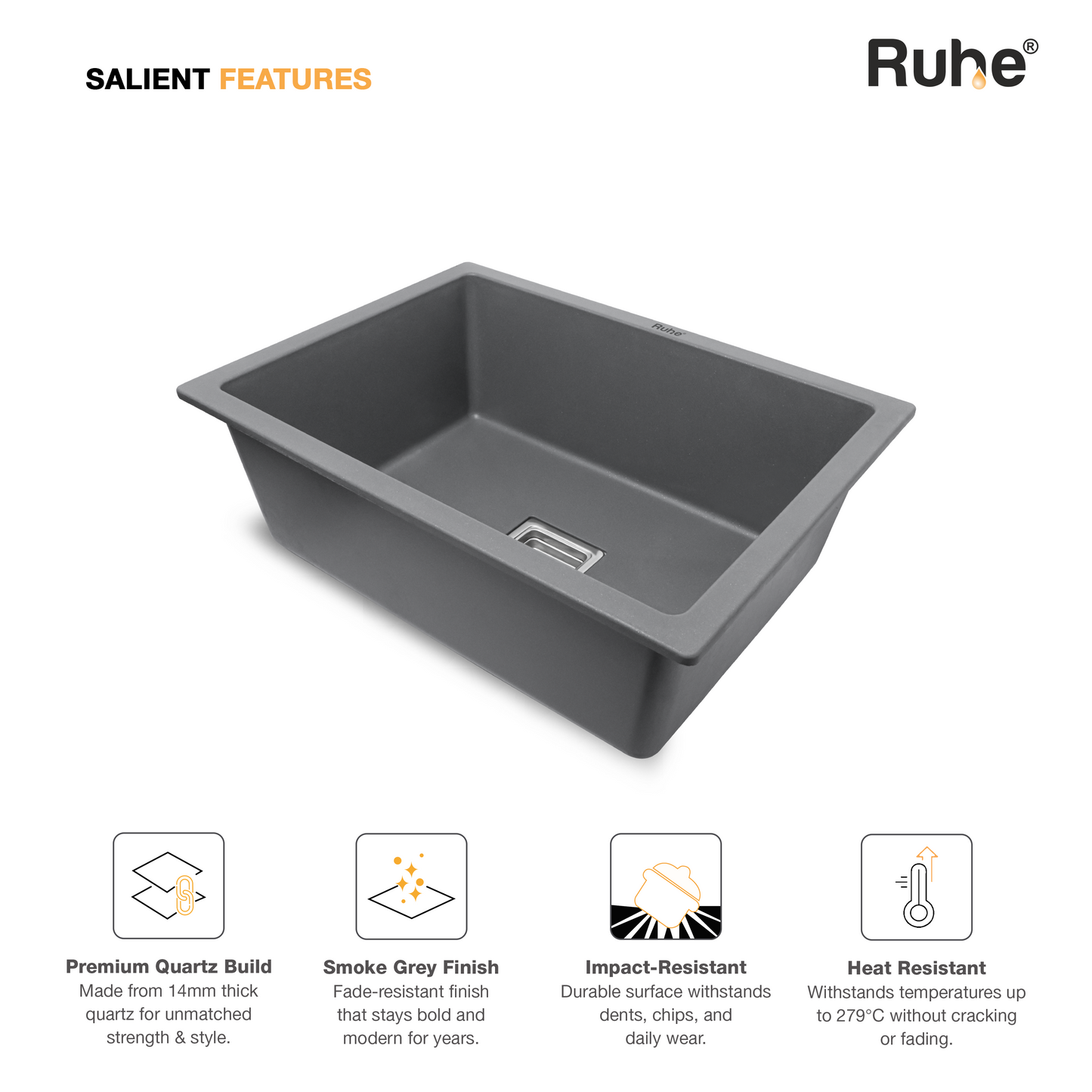 Smoke Grey Quartz Single Bowl Kitchen Sink (24 x 18 x 9 Inches) (Salient Features)