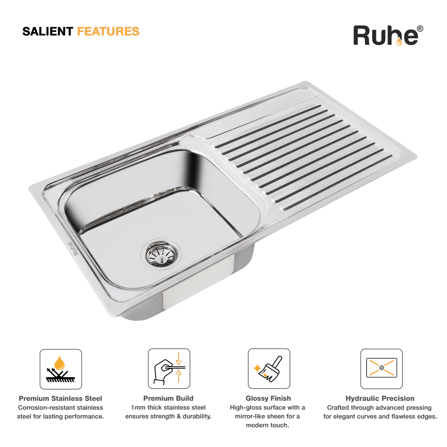 Single Bowl with Drainboard Kitchen Sink (37 x 18 x 8 Inches)(Salient Features)